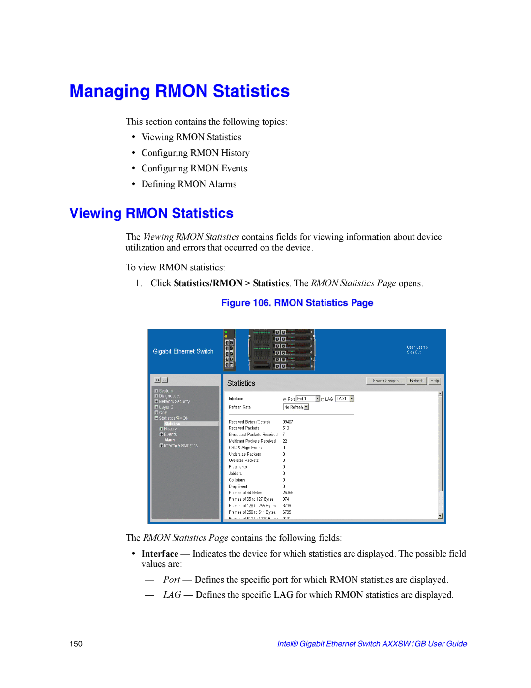 Intel AXXSW1GB manual Managing Rmon Statistics, Viewing Rmon Statistics 