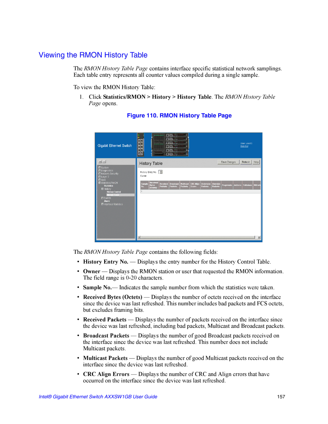 Intel AXXSW1GB manual Viewing the Rmon History Table 