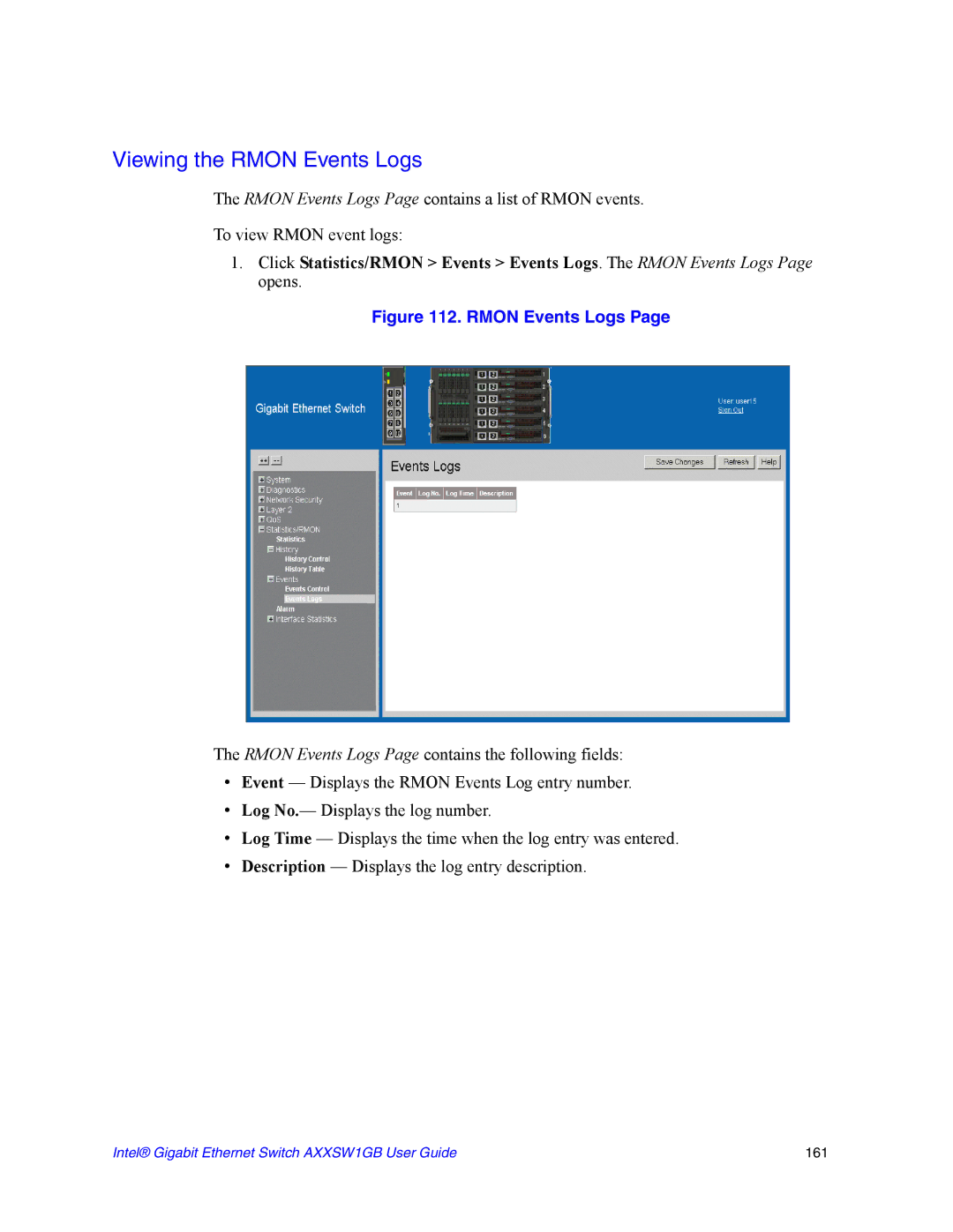 Intel AXXSW1GB manual Viewing the Rmon Events Logs 