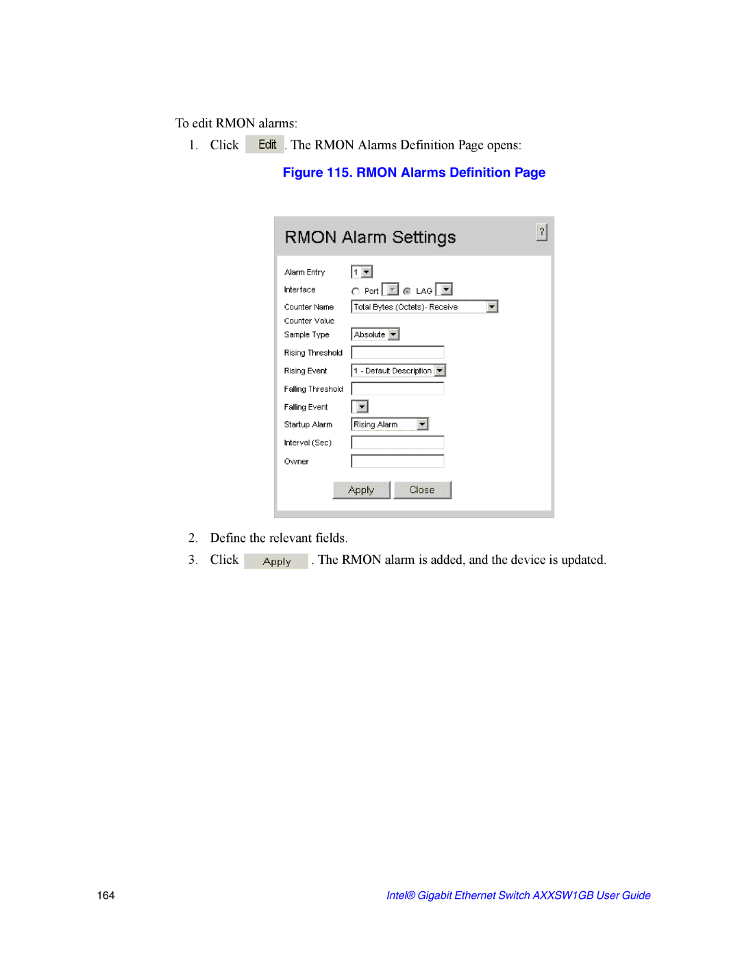 Intel AXXSW1GB manual Rmon Alarms Definition 