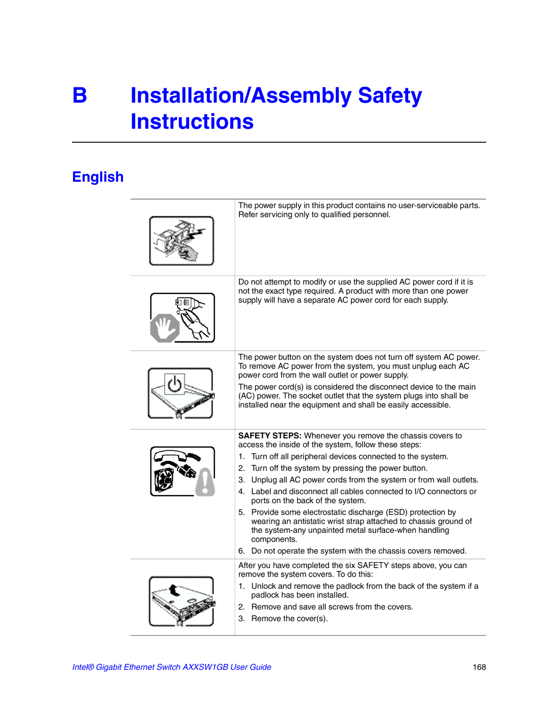 Intel AXXSW1GB manual Installation/Assembly Safety Instructions, English 