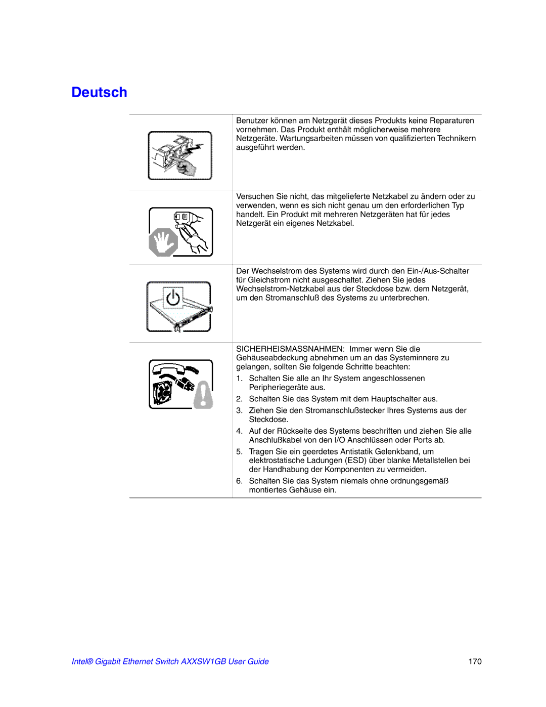 Intel manual Deutsch, Intel Gigabit Ethernet Switch AXXSW1GB User Guide 170 