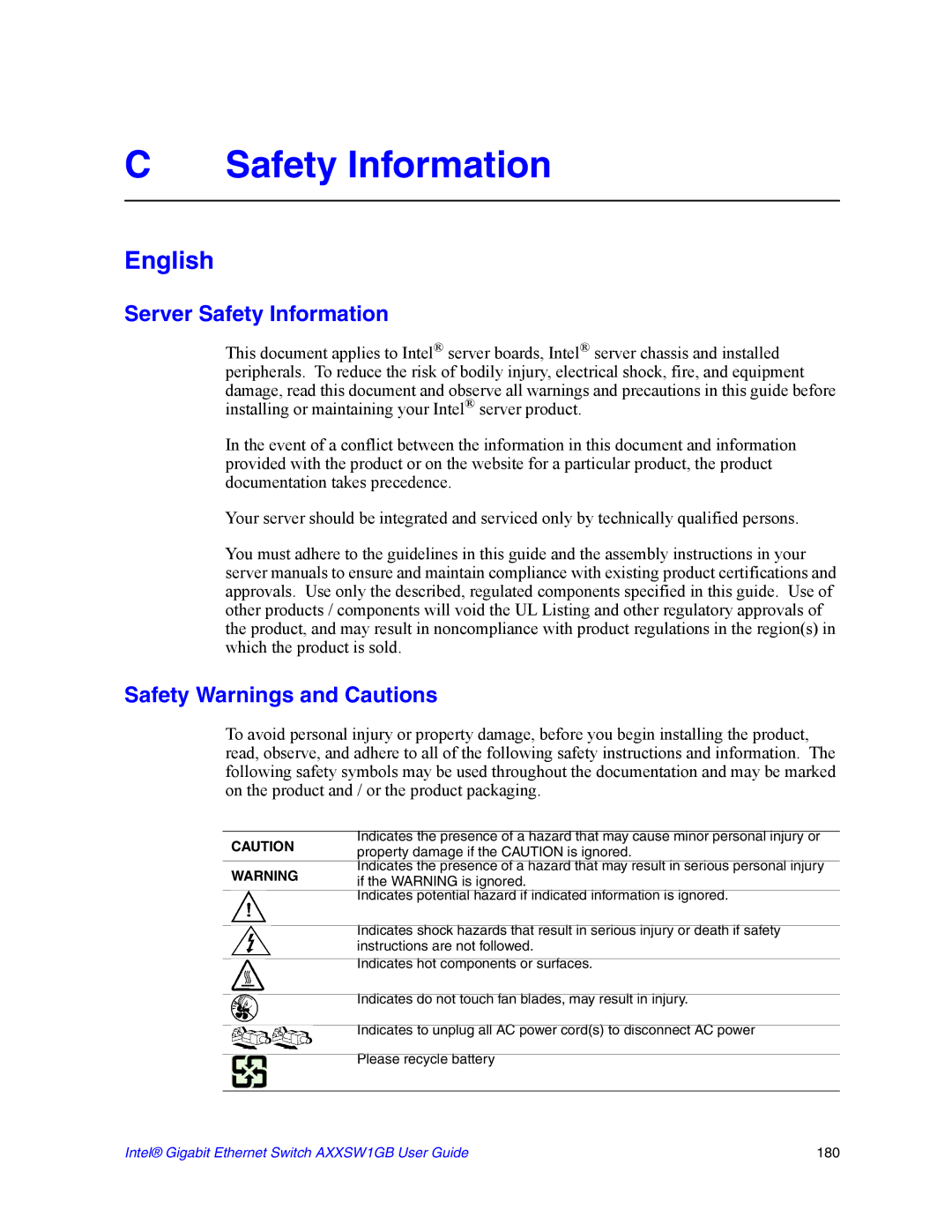 Intel AXXSW1GB manual Server Safety Information, Safety Warnings and Cautions 