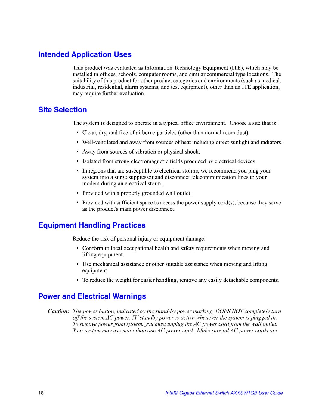 Intel AXXSW1GB Intended Application Uses, Site Selection, Equipment Handling Practices, Power and Electrical Warnings 