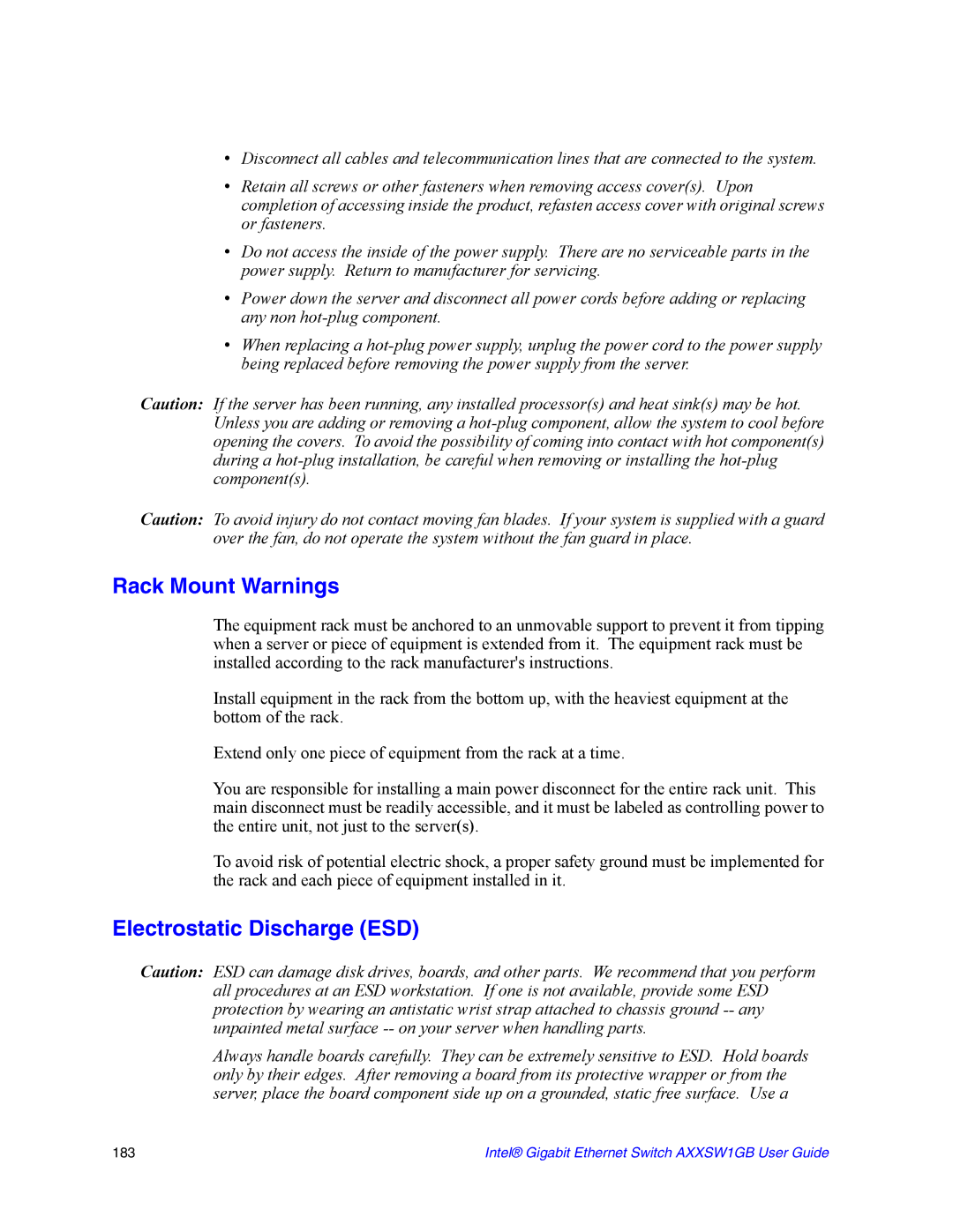 Intel AXXSW1GB manual Rack Mount Warnings, Electrostatic Discharge ESD 