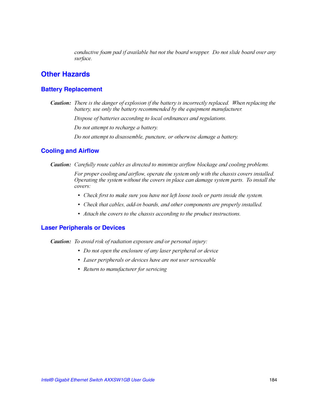 Intel AXXSW1GB manual Other Hazards, Battery Replacement 