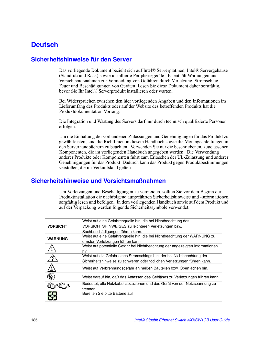 Intel AXXSW1GB manual Sicherheitshinweise für den Server, Sicherheitshinweise und Vorsichtsmaßnahmen 