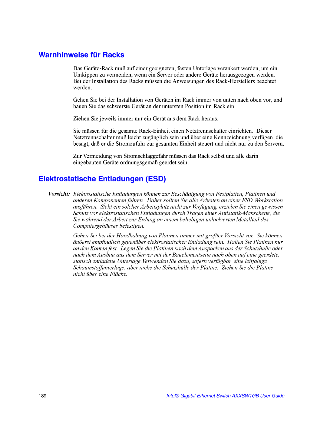 Intel AXXSW1GB manual Warnhinweise für Racks, Elektrostatische Entladungen ESD 