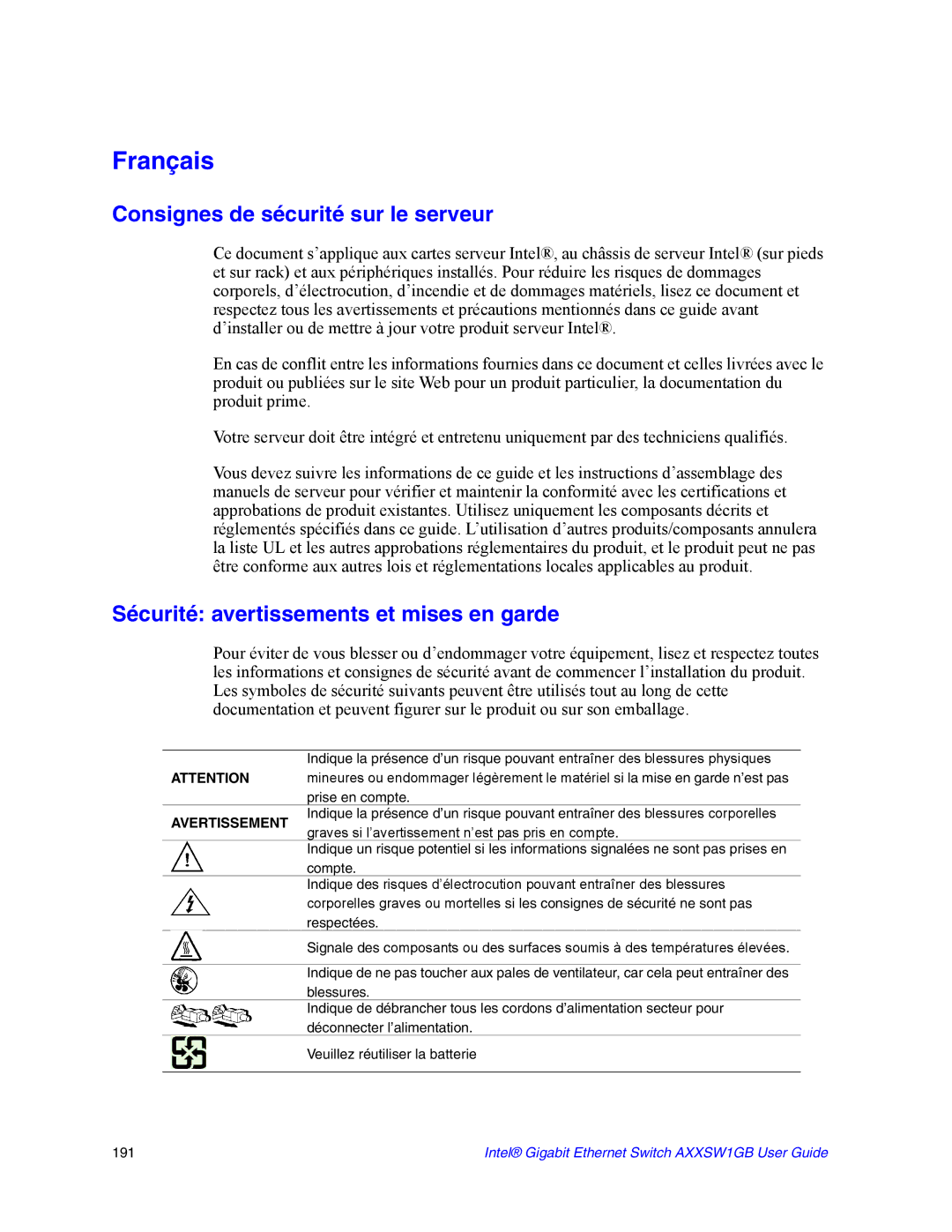 Intel AXXSW1GB manual Consignes de sécurité sur le serveur, Sécurité avertissements et mises en garde 