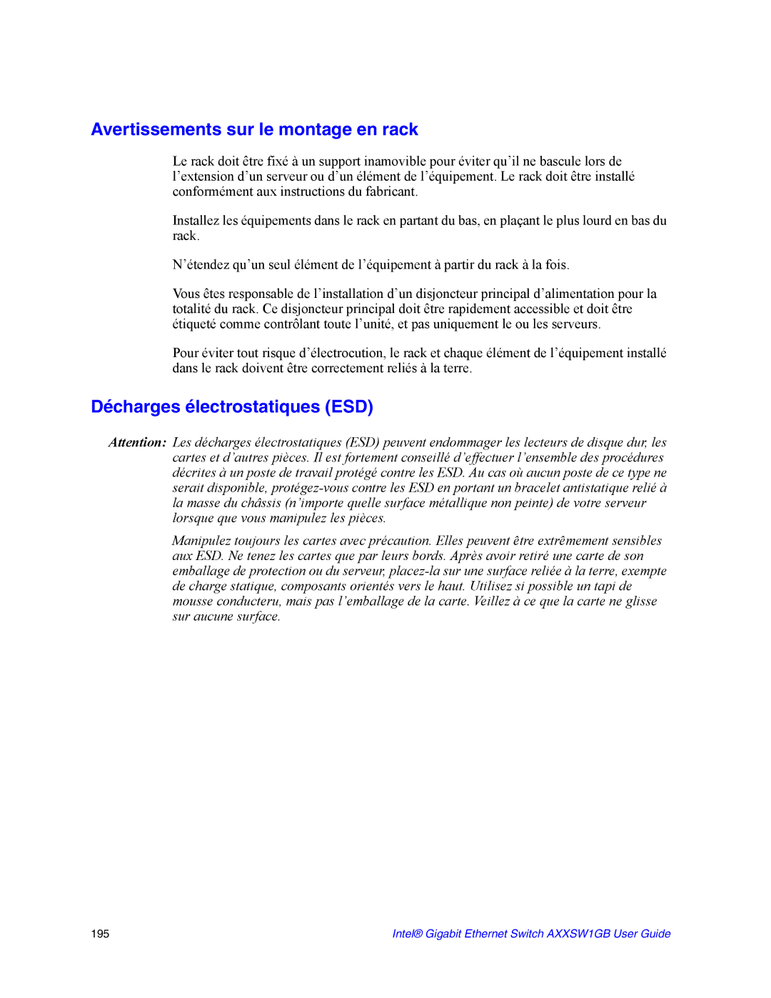 Intel AXXSW1GB manual Avertissements sur le montage en rack, Décharges électrostatiques ESD 