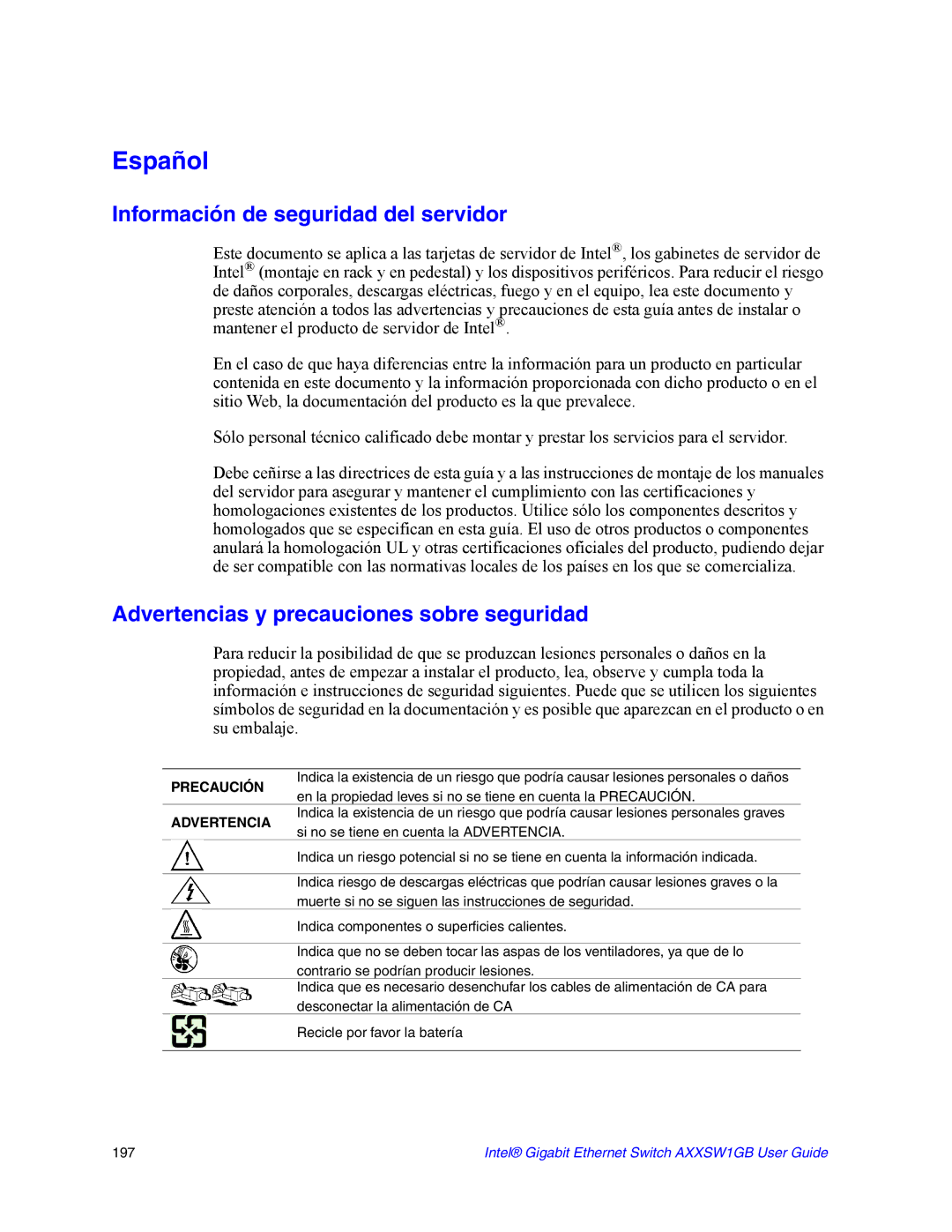 Intel AXXSW1GB manual Información de seguridad del servidor, Advertencias y precauciones sobre seguridad 