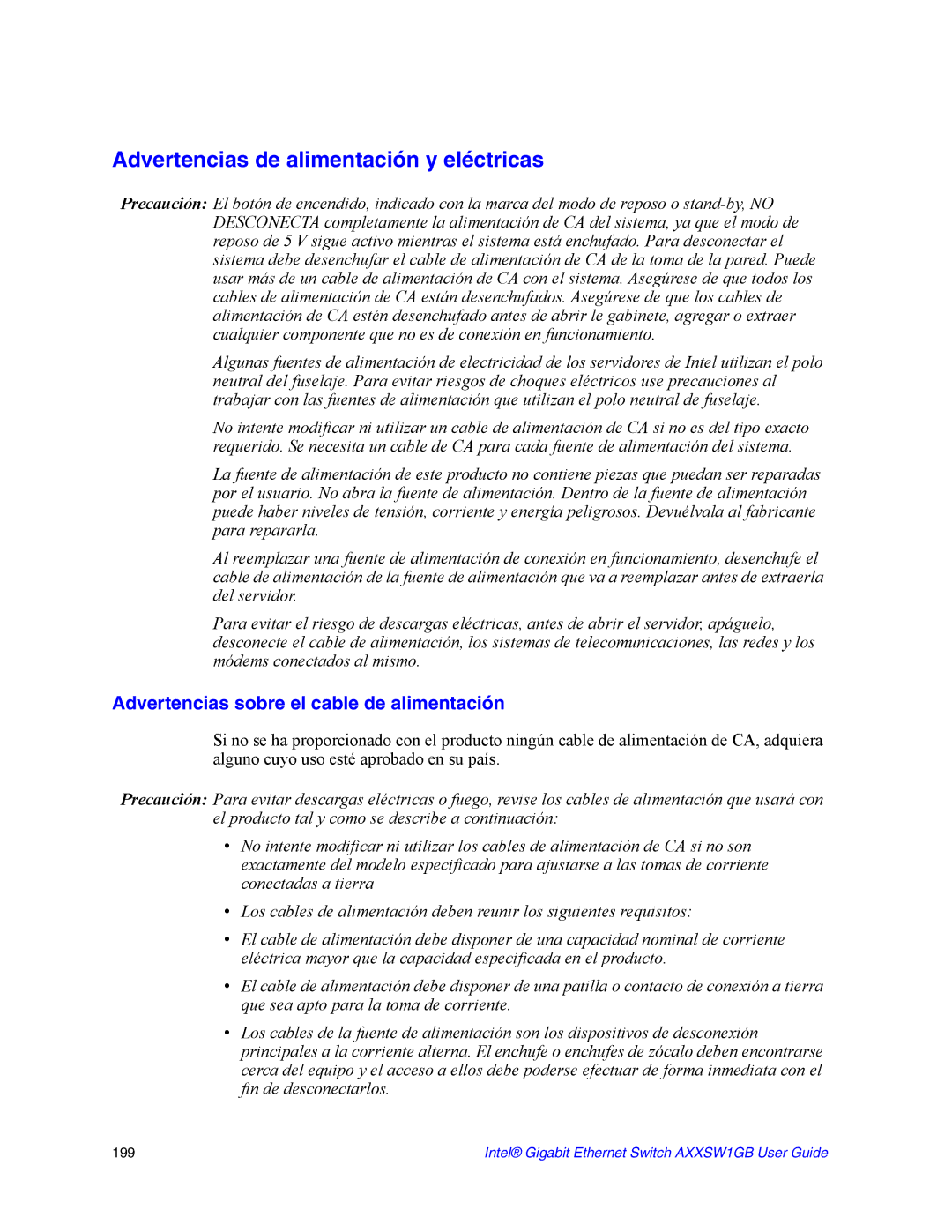 Intel AXXSW1GB manual Advertencias de alimentación y eléctricas, Advertencias sobre el cable de alimentación 