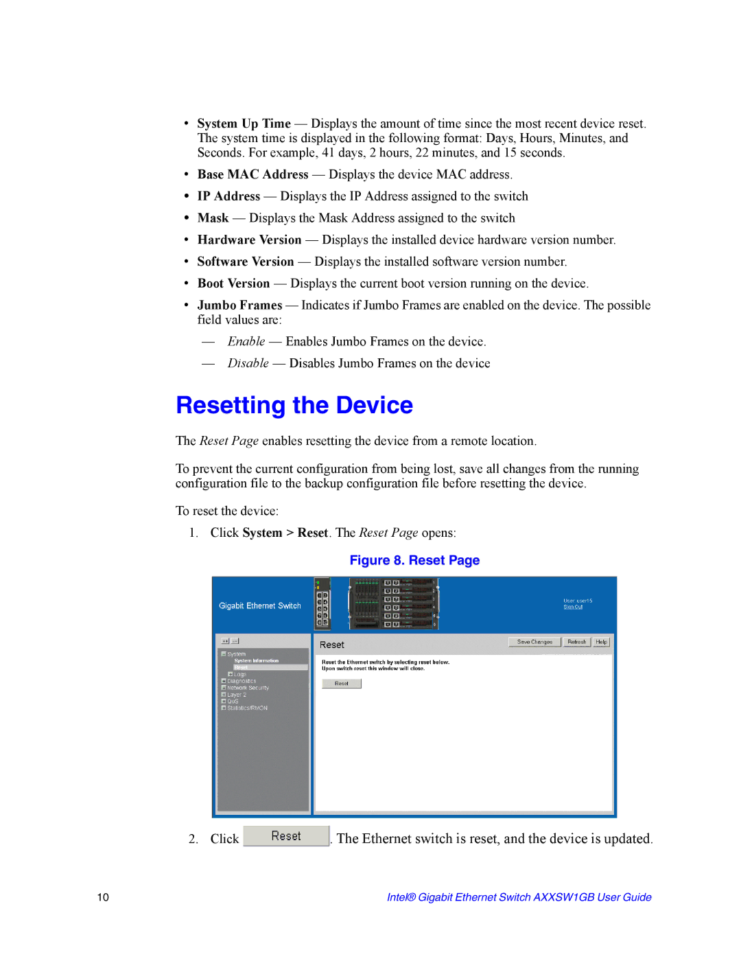 Intel AXXSW1GB manual Resetting the Device 