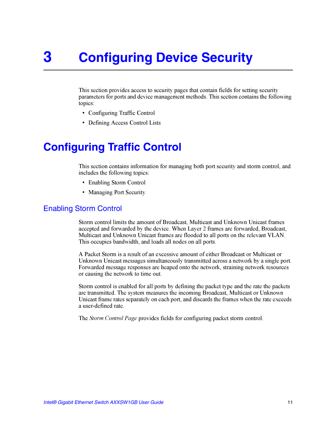 Intel AXXSW1GB manual Configuring Device Security, Configuring Traffic Control 