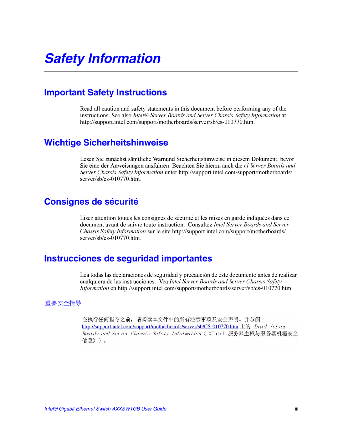 Intel AXXSW1GB manual Safety Information 