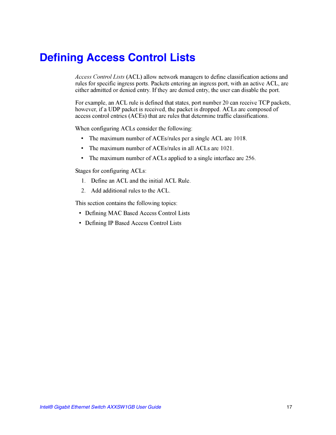 Intel AXXSW1GB manual Defining Access Control Lists 