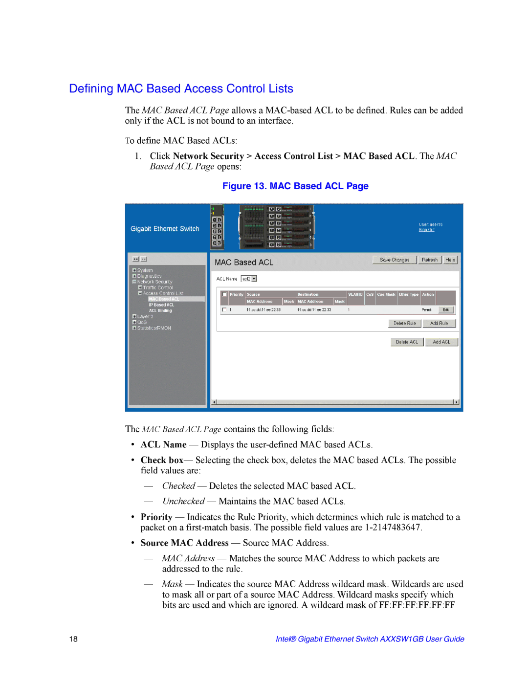 Intel AXXSW1GB manual Defining MAC Based Access Control Lists 