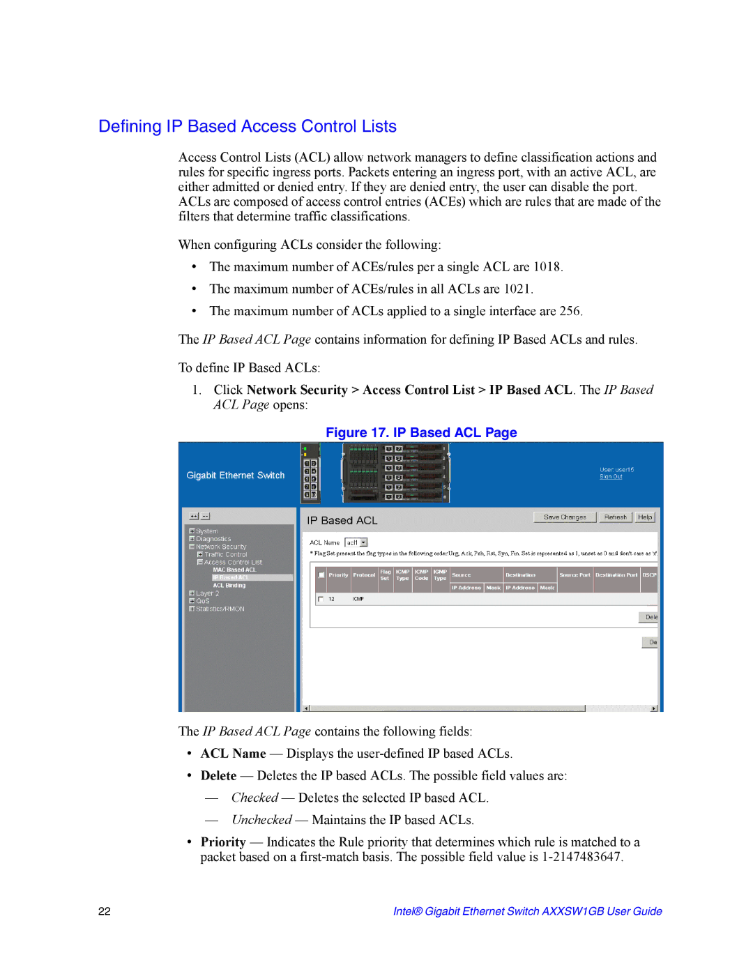 Intel AXXSW1GB manual Defining IP Based Access Control Lists 