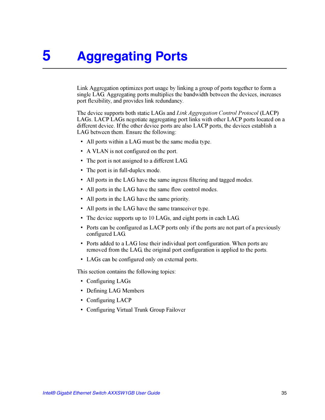 Intel AXXSW1GB manual Aggregating Ports 