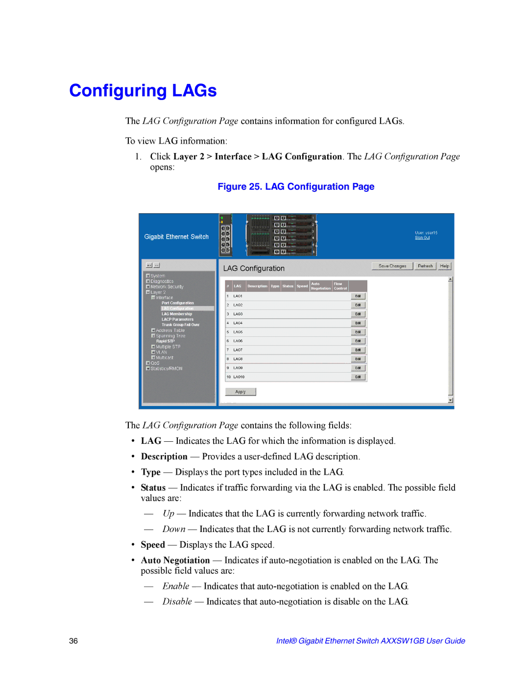 Intel AXXSW1GB manual Configuring LAGs, LAG Configuration 