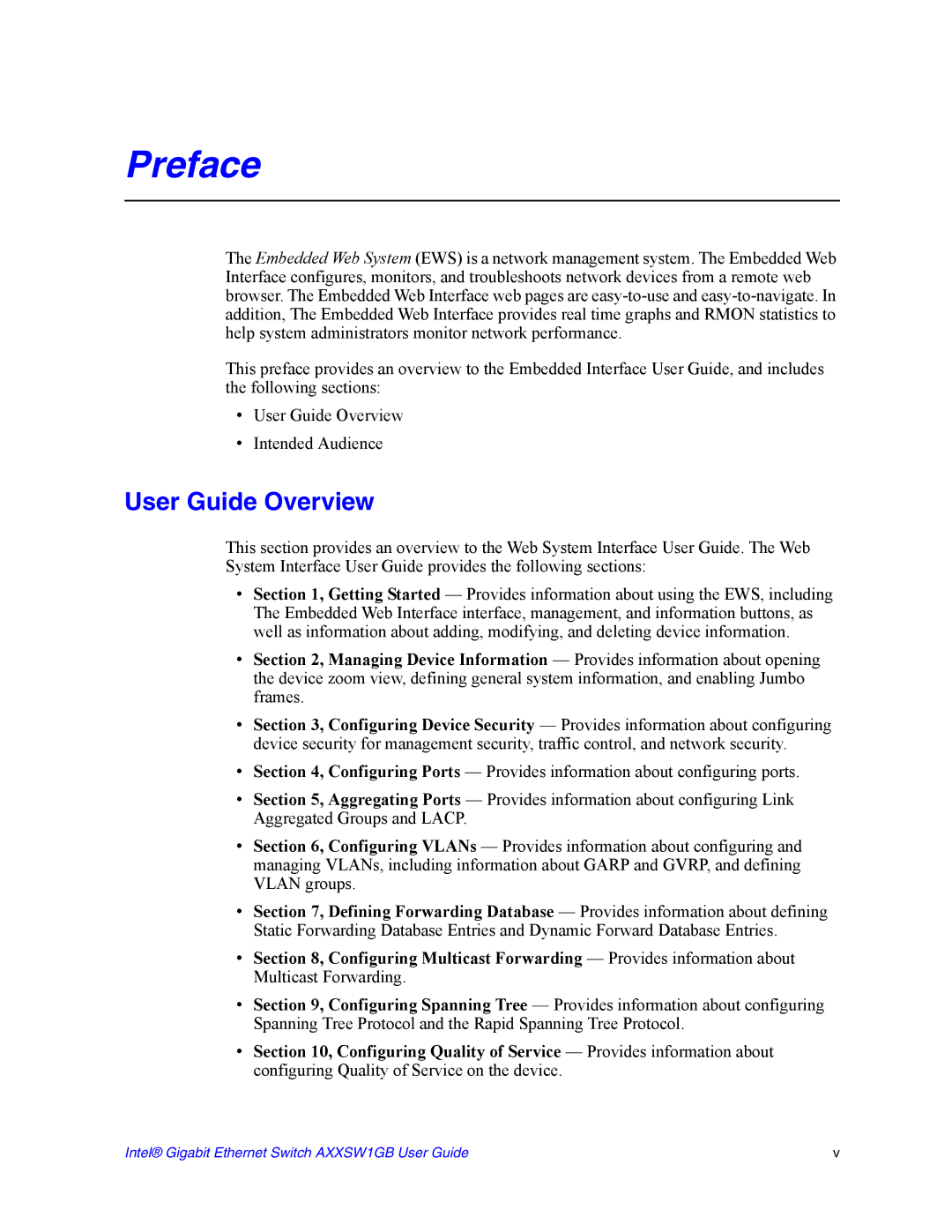 Intel AXXSW1GB manual Preface, User Guide Overview 