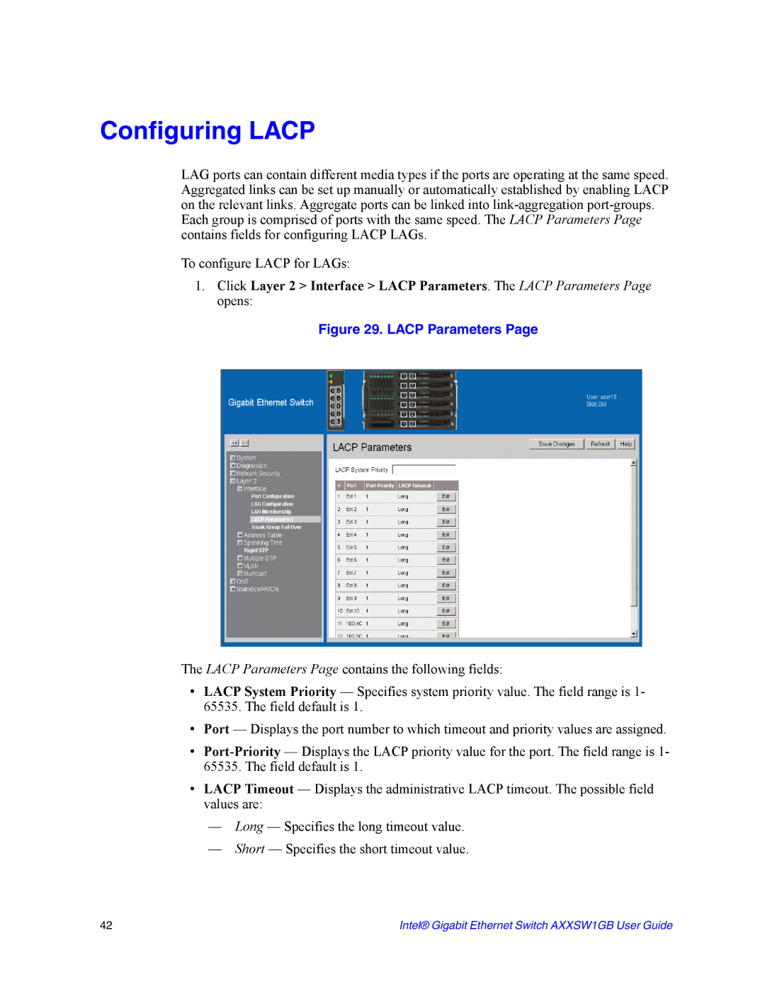 Intel AXXSW1GB manual Configuring Lacp, Lacp Parameters 