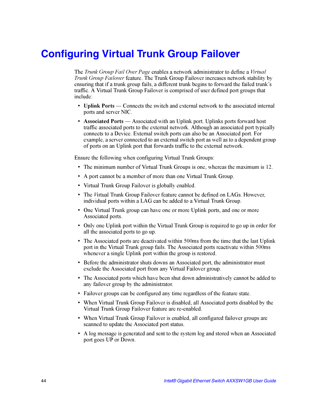 Intel AXXSW1GB manual Configuring Virtual Trunk Group Failover 