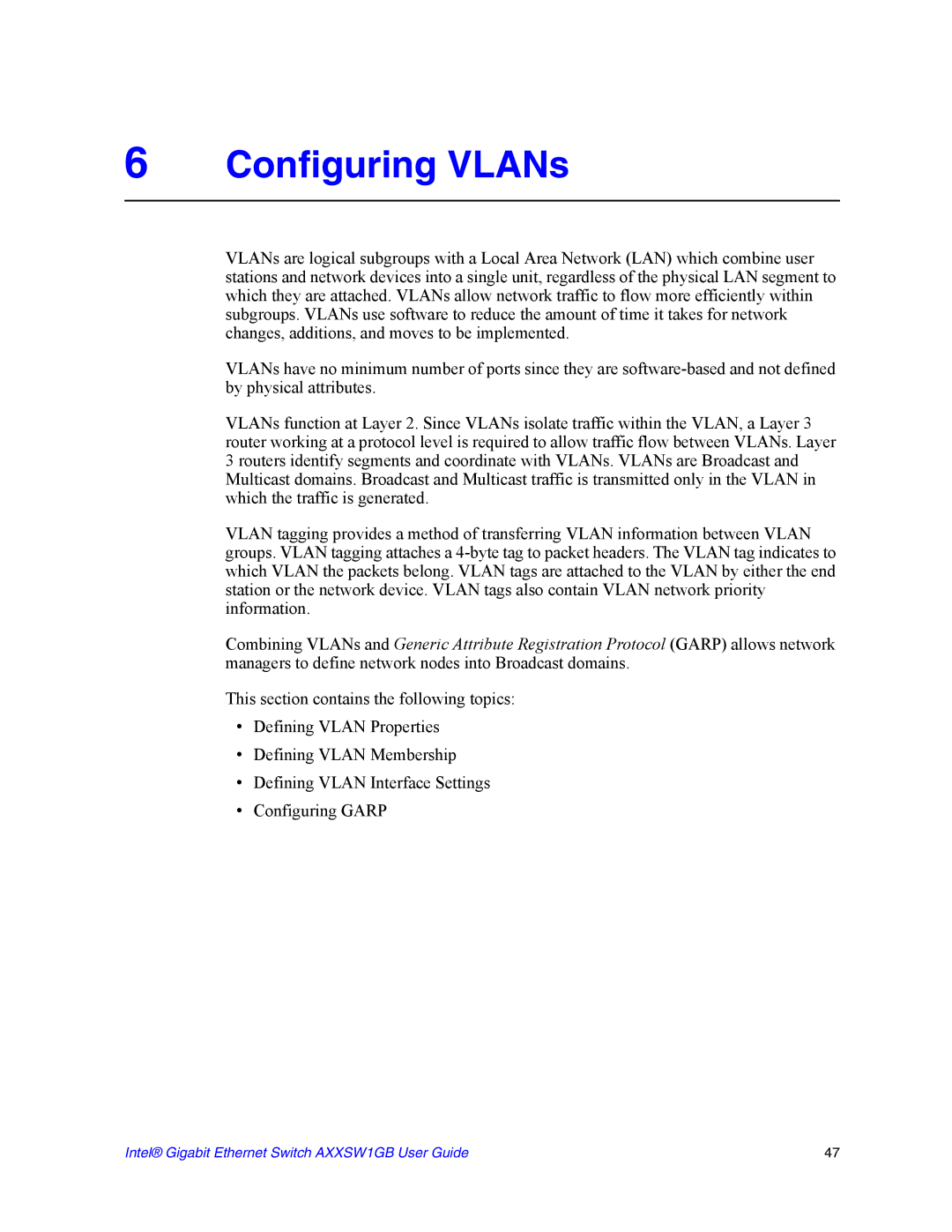 Intel AXXSW1GB manual Configuring VLANs 