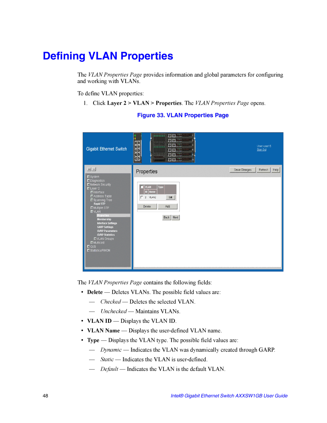 Intel AXXSW1GB manual Defining Vlan Properties 