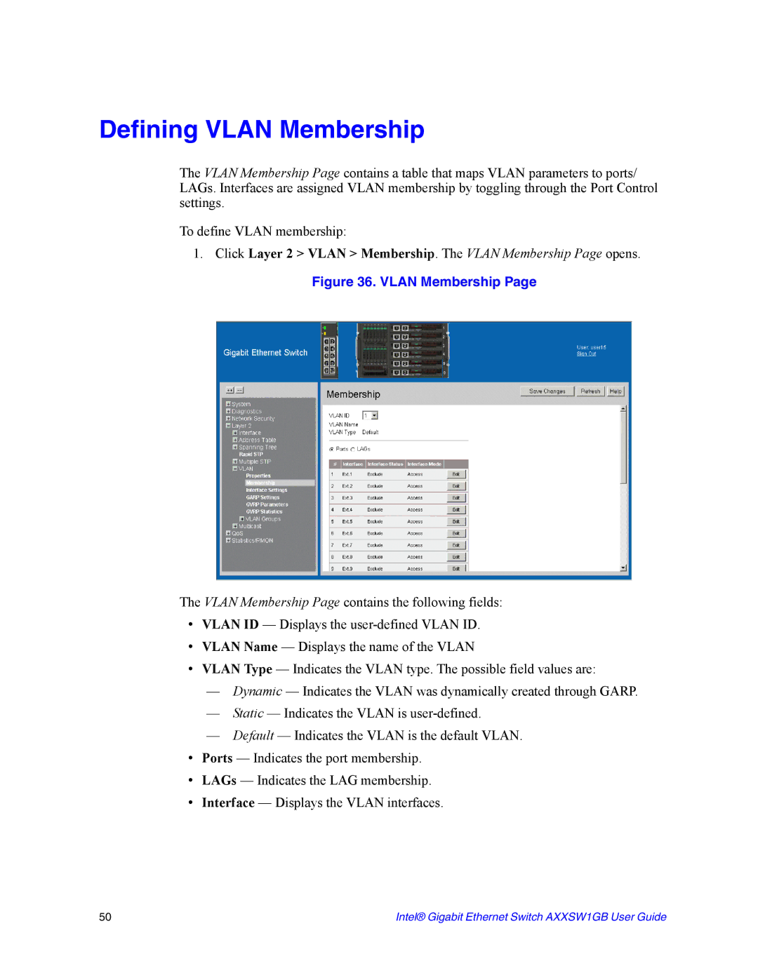 Intel AXXSW1GB manual Defining Vlan Membership 