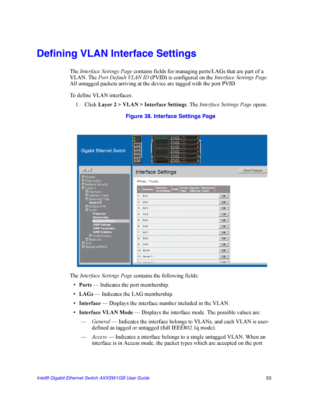 Intel AXXSW1GB manual Defining Vlan Interface Settings 