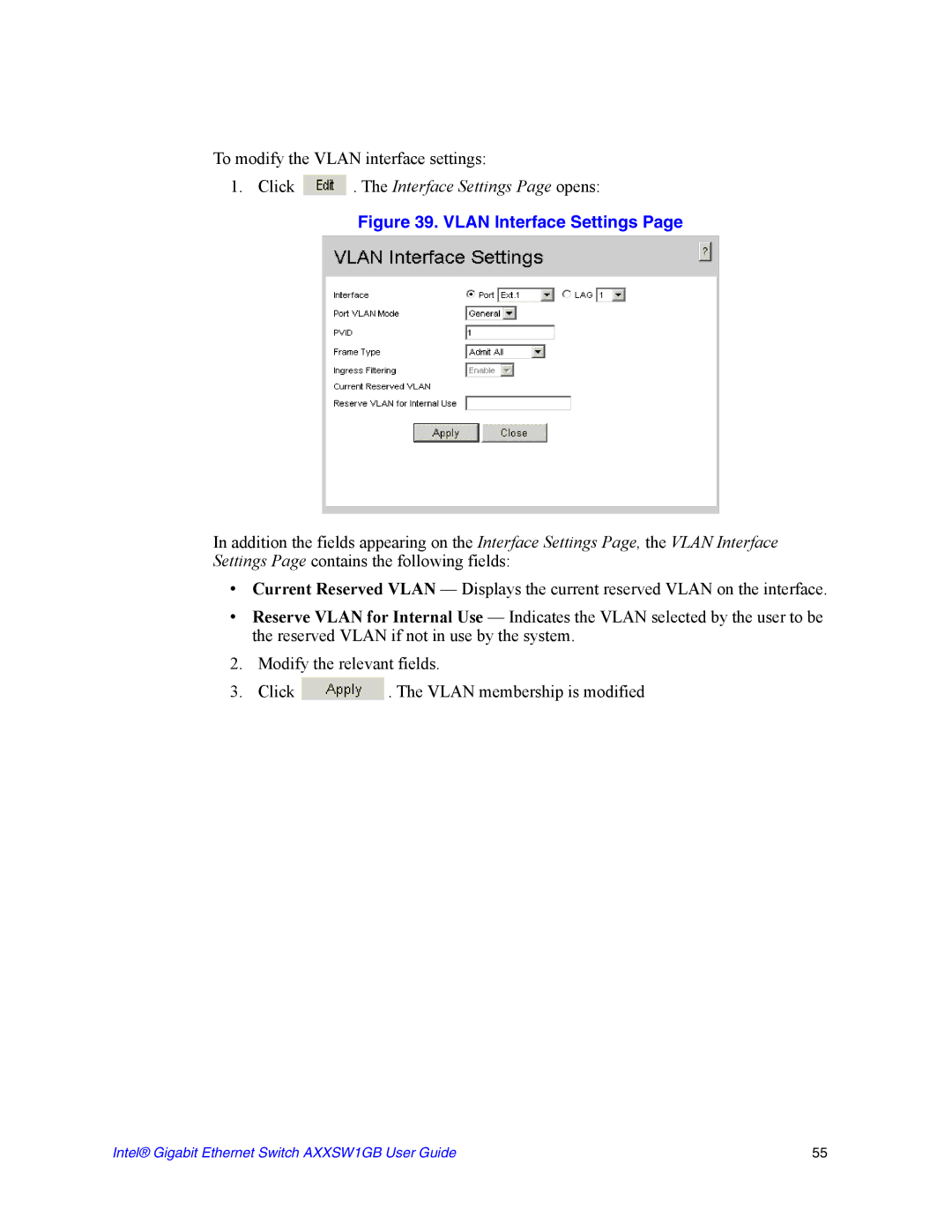 Intel AXXSW1GB manual Click . The Interface Settings Page opens, Vlan Interface Settings 