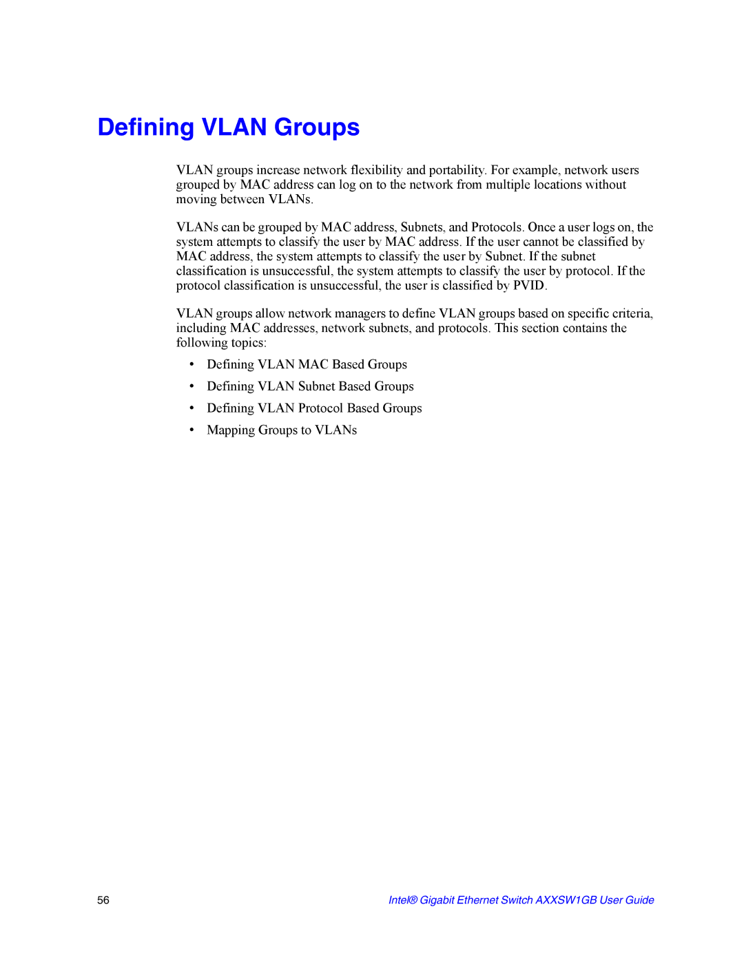 Intel AXXSW1GB manual Defining Vlan Groups 