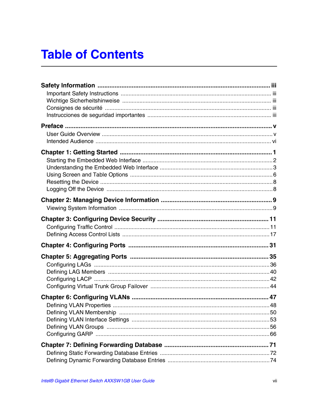 Intel AXXSW1GB manual Table of Contents 