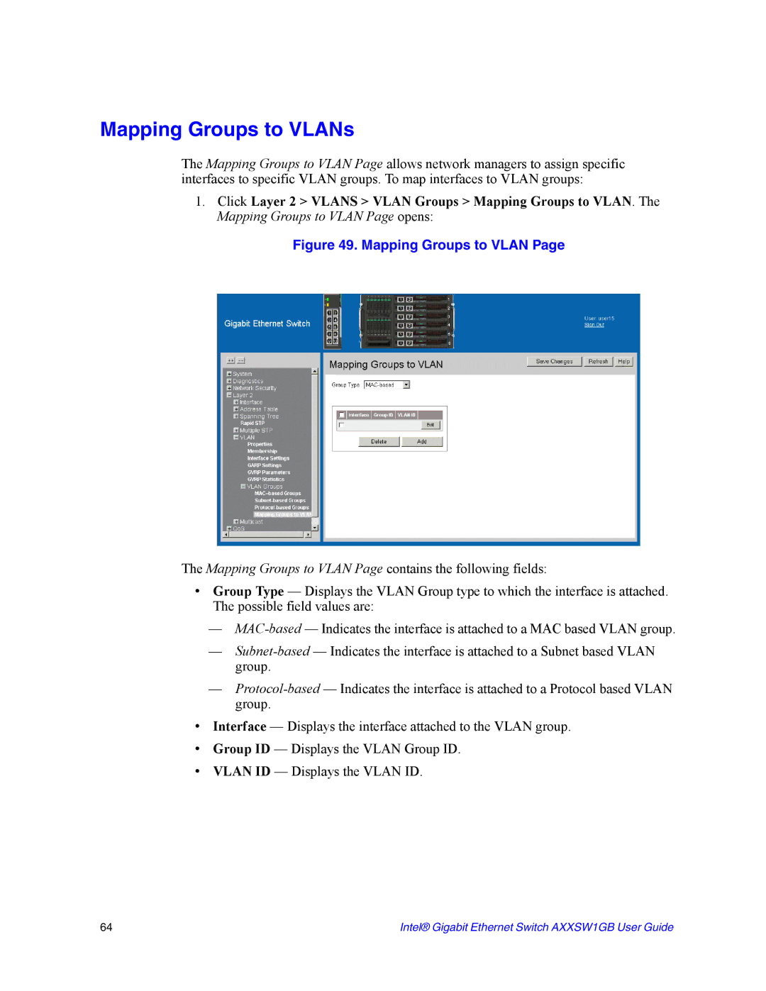 Intel AXXSW1GB manual Mapping Groups to VLANs, Mapping Groups to Vlan 