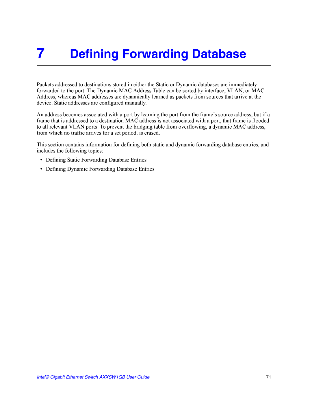 Intel AXXSW1GB manual Defining Forwarding Database 