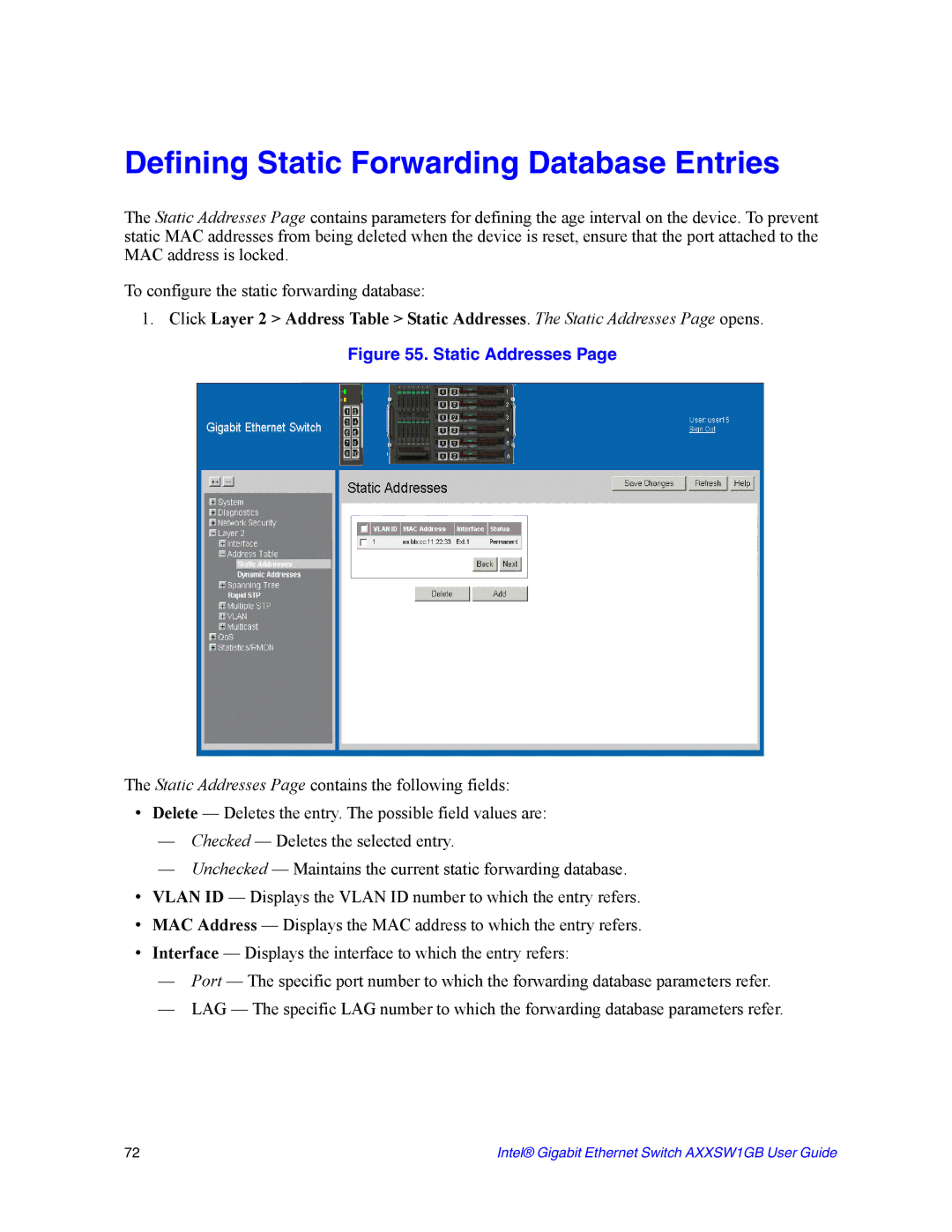 Intel AXXSW1GB manual Defining Static Forwarding Database Entries, Static Addresses 