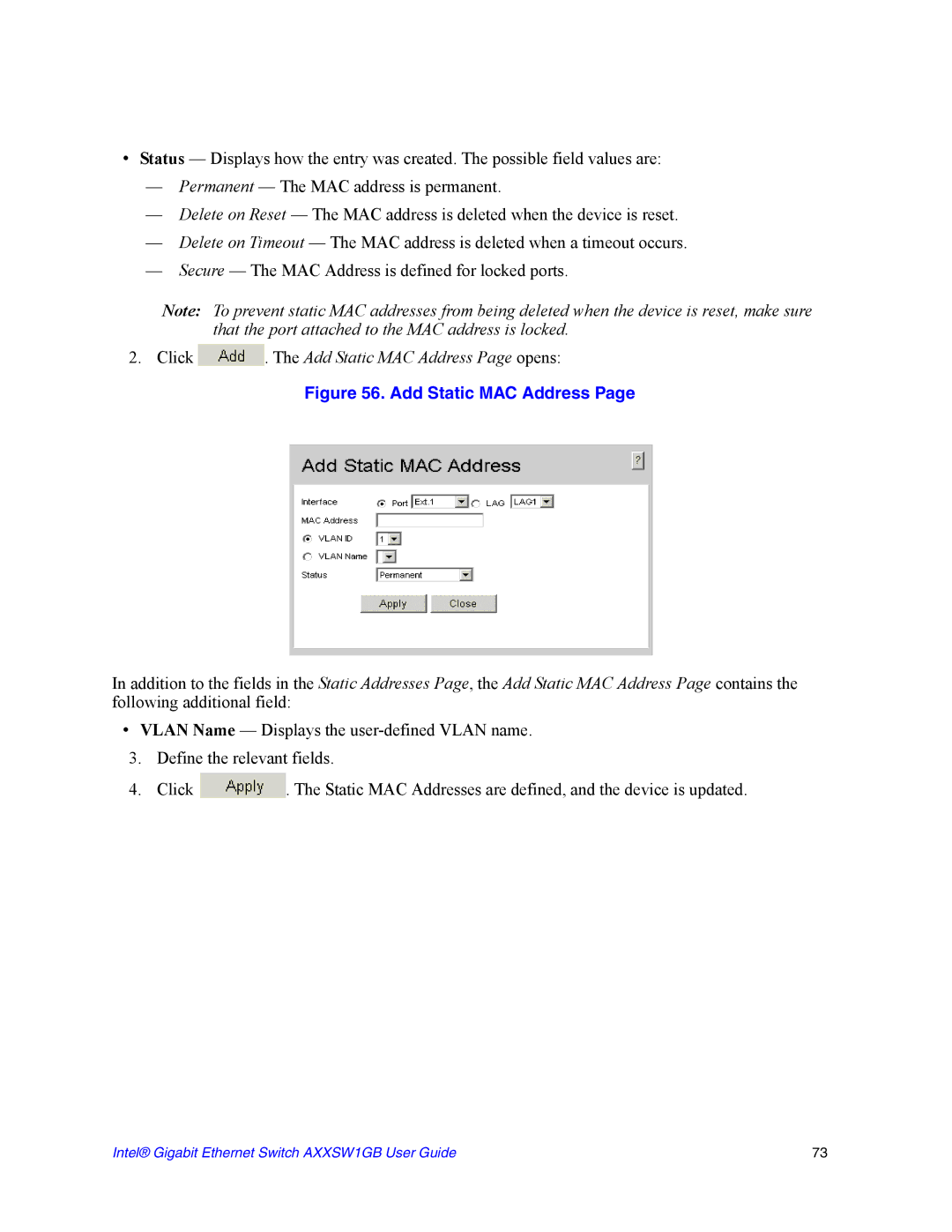 Intel AXXSW1GB manual Click . The Add Static MAC Address Page opens 