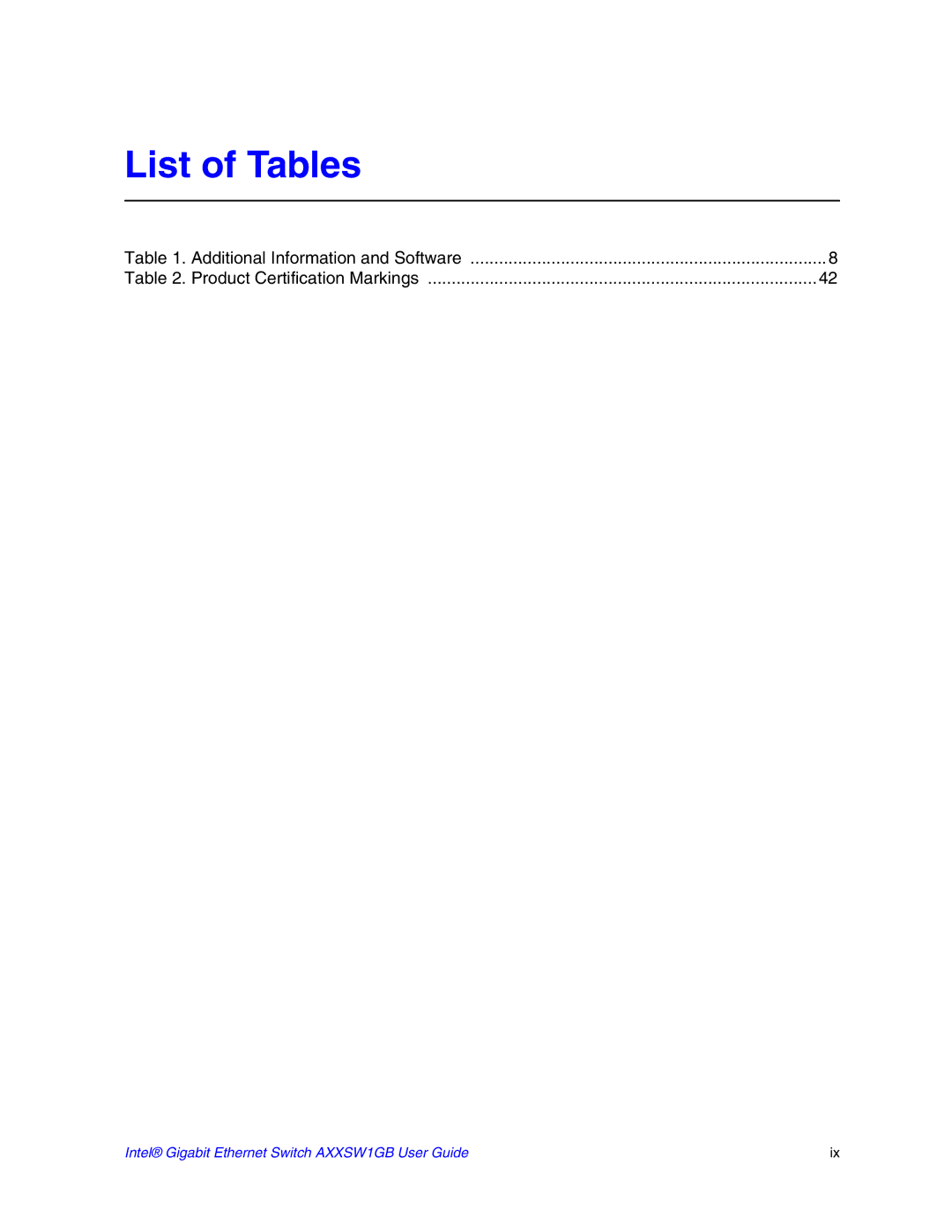 Intel AXXSW1GB manual List of Tables, Additional Information and Software 