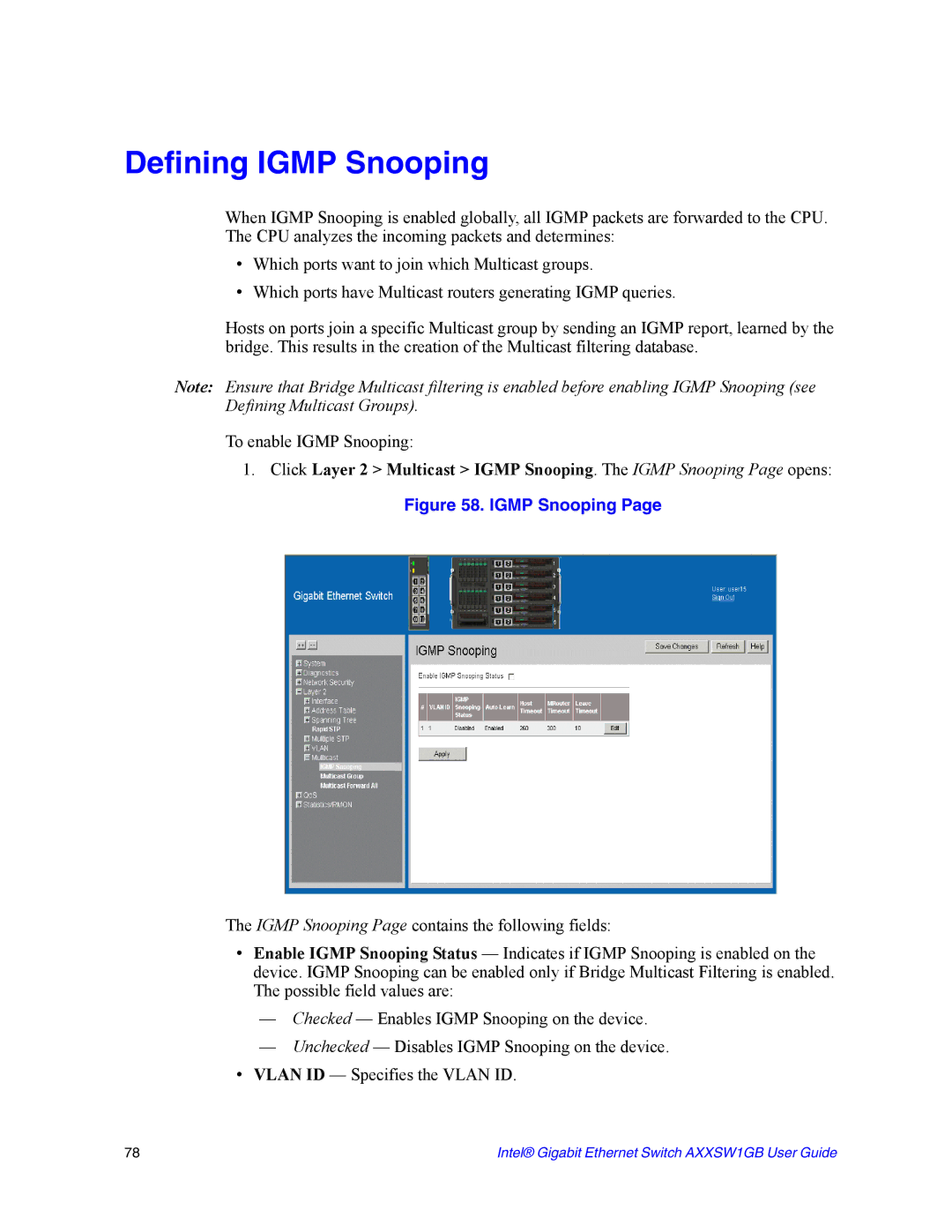 Intel AXXSW1GB manual Defining Igmp Snooping 