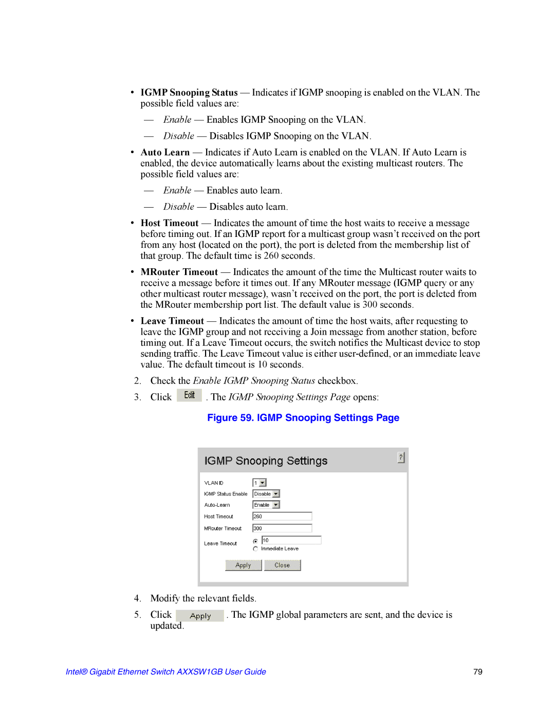 Intel AXXSW1GB manual Igmp Snooping Settings 