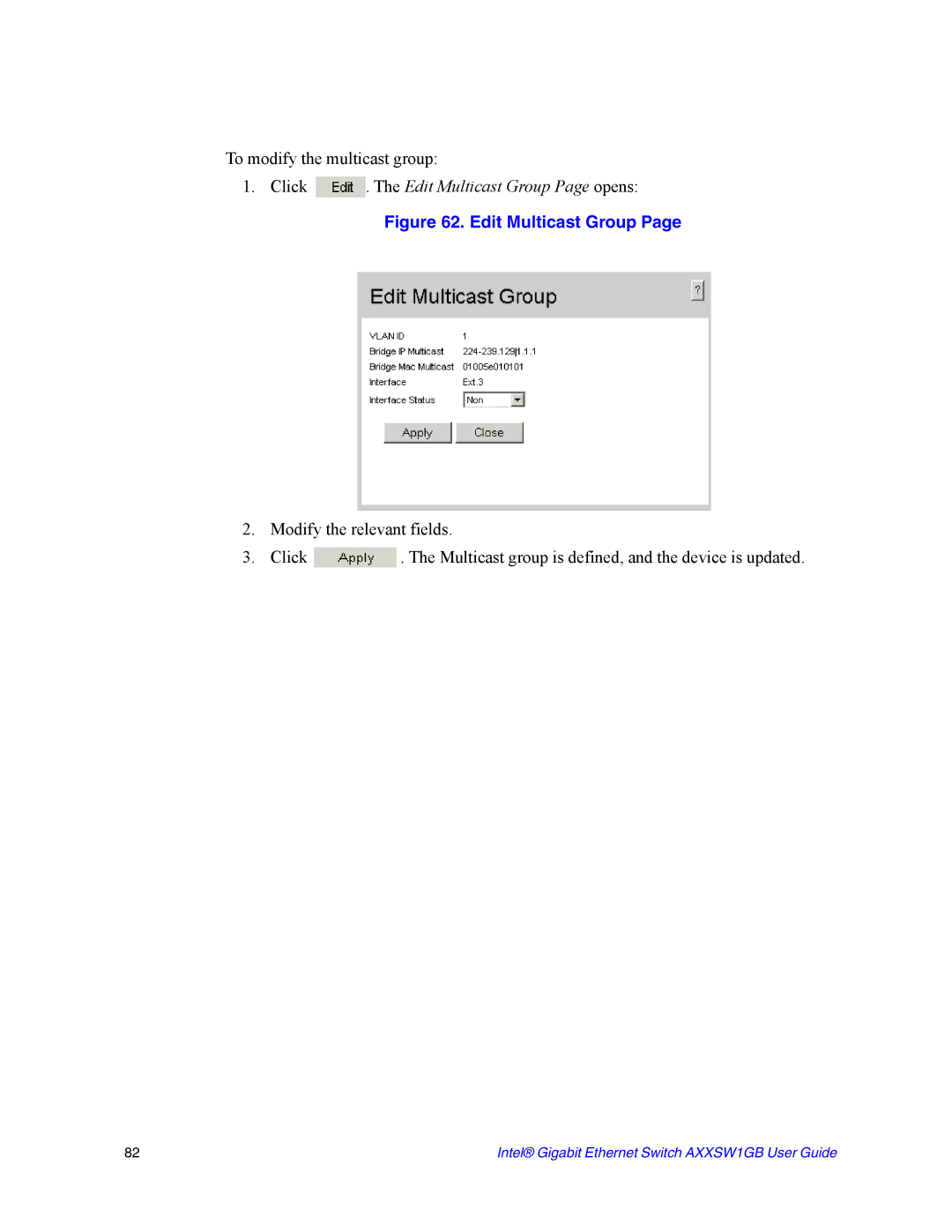 Intel AXXSW1GB manual Edit Multicast Group Page opens 