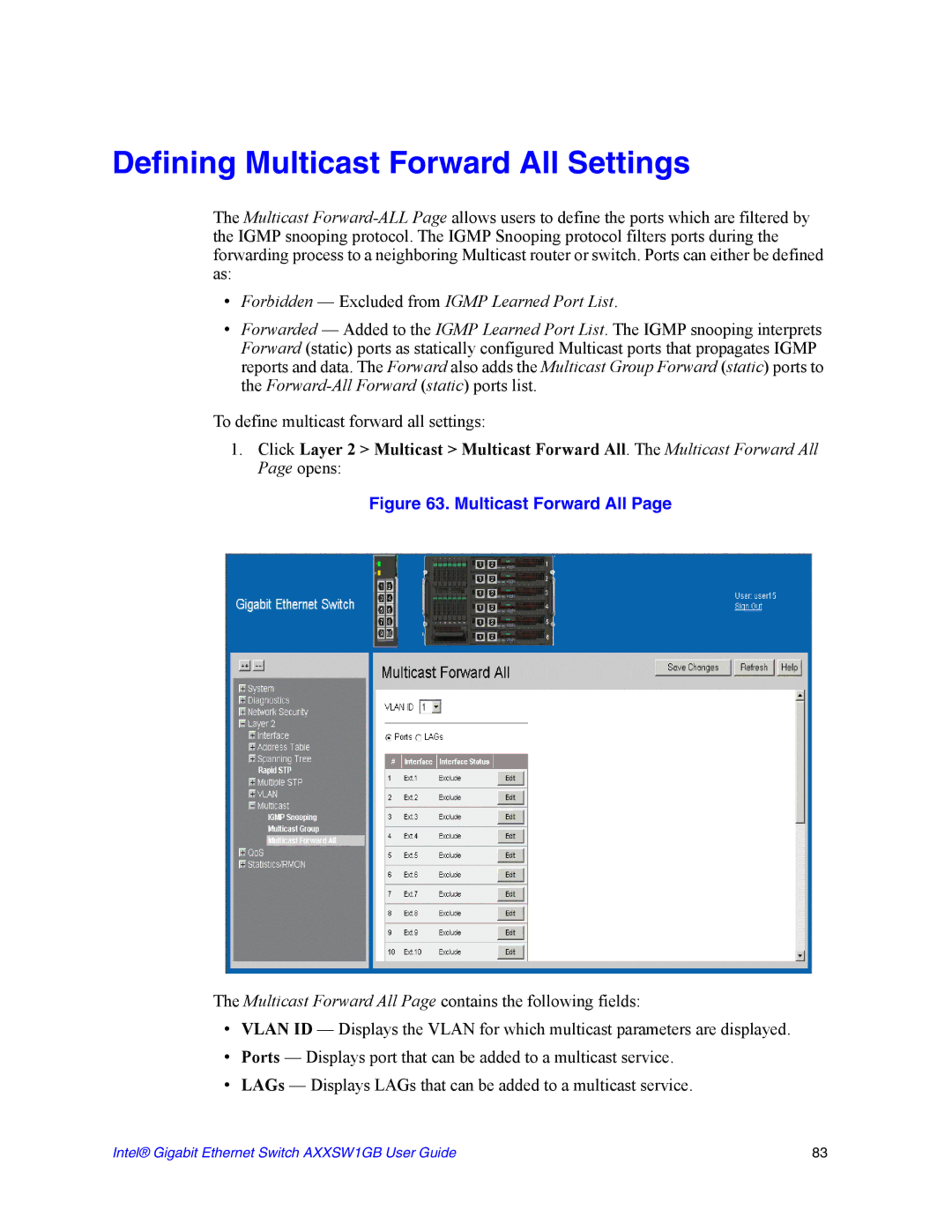 Intel AXXSW1GB manual Defining Multicast Forward All Settings, Forbidden Excluded from Igmp Learned Port List 