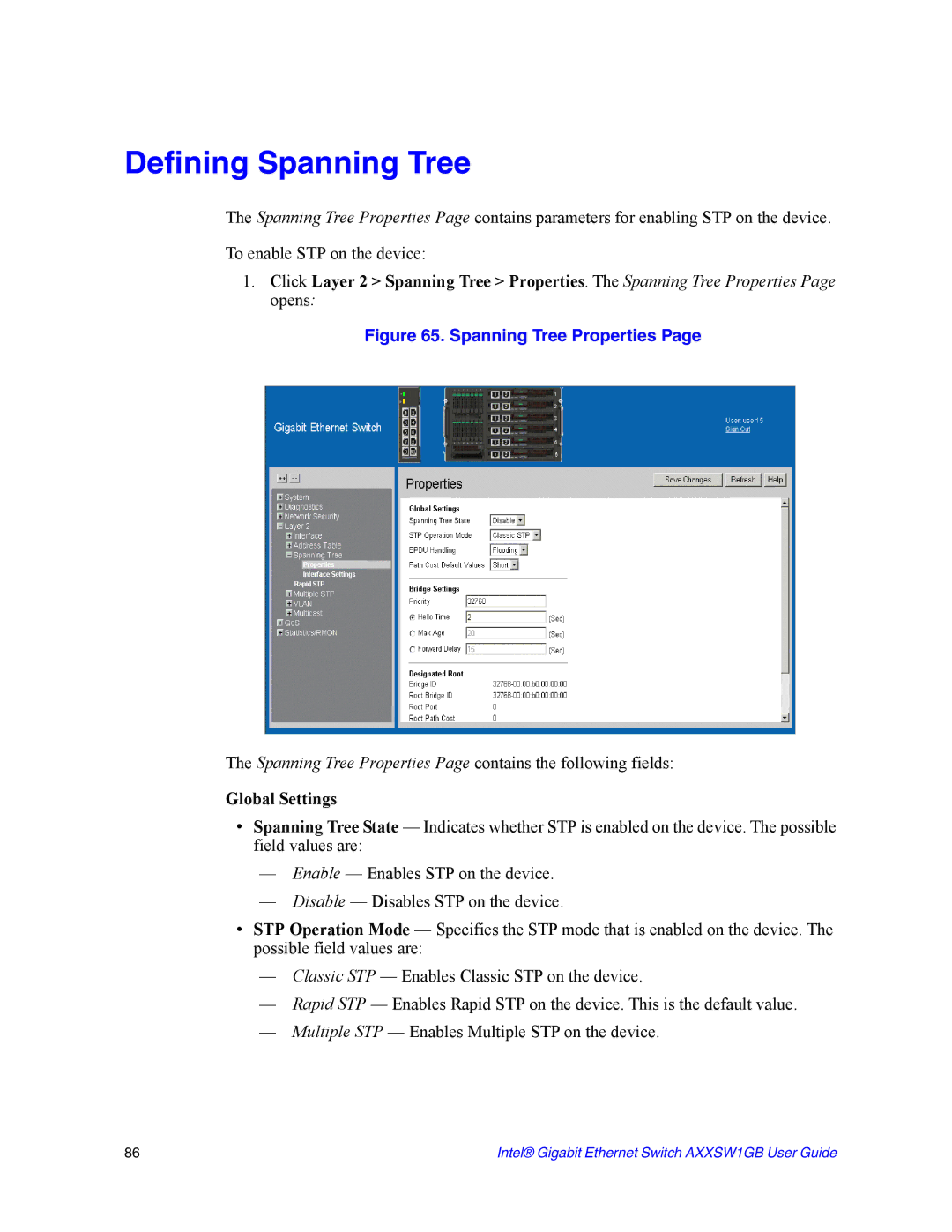 Intel AXXSW1GB manual Defining Spanning Tree, Global Settings 