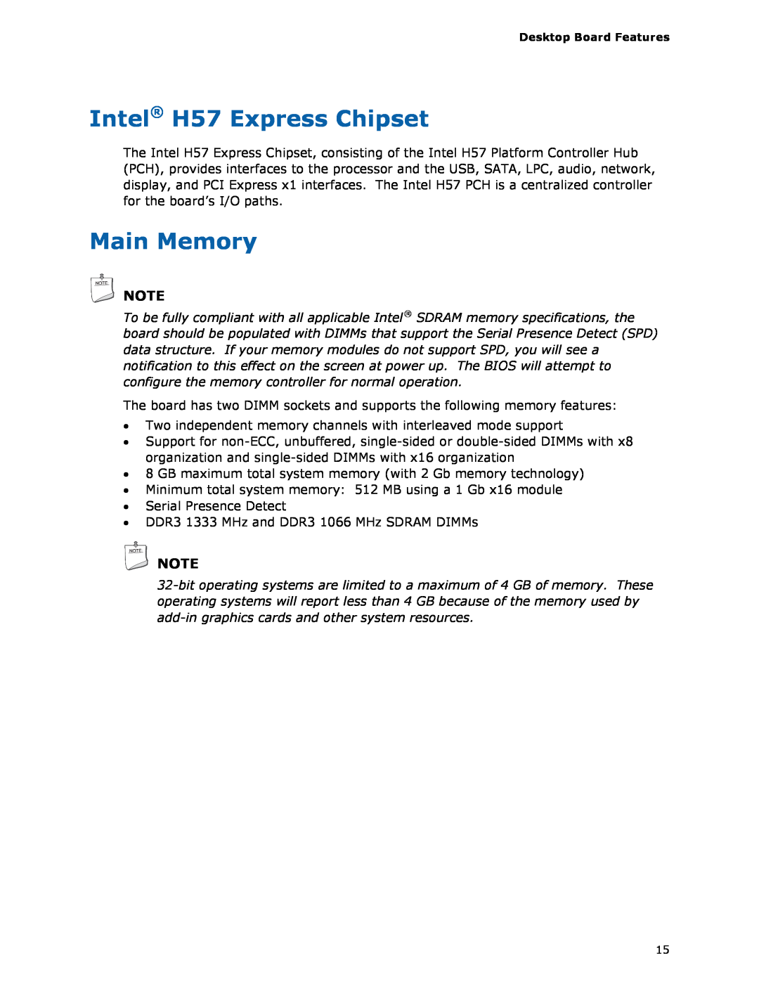 Intel BLKDH57JG manual Intel H57 Express Chipset, Main Memory 