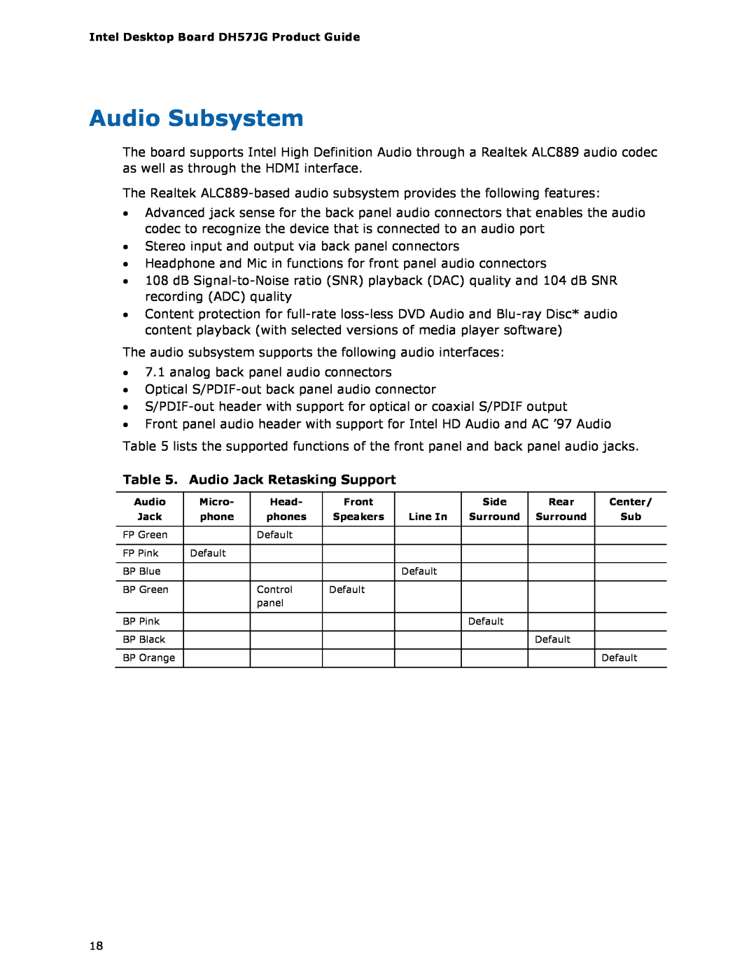 Intel BLKDH57JG manual Audio Subsystem, Audio Jack Retasking Support 