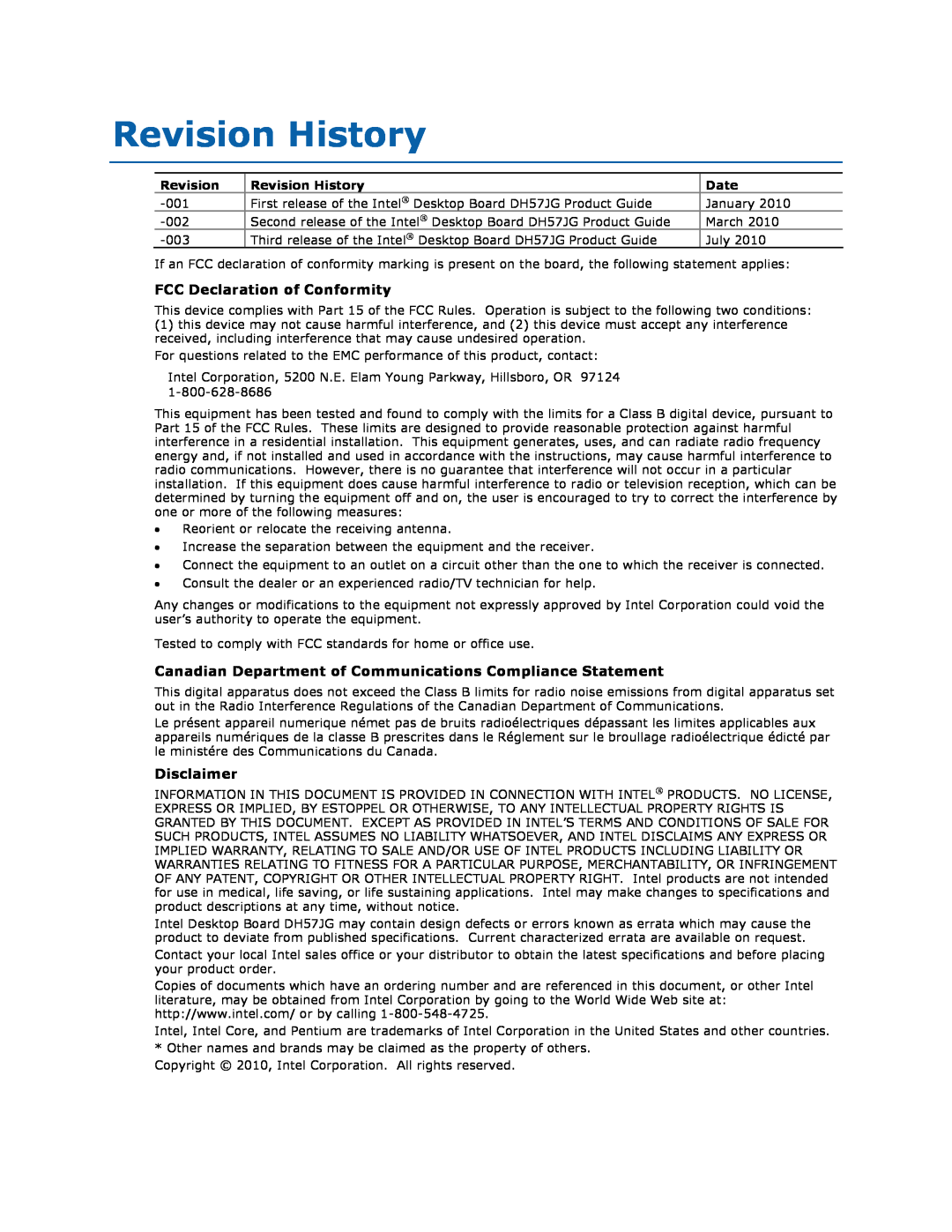 Intel BLKDH57JG manual Revision History, FCC Declaration of Conformity, Disclaimer, Date 