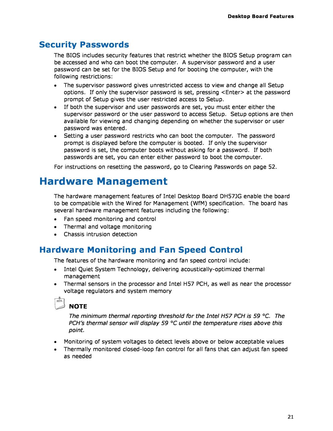 Intel BLKDH57JG manual Hardware Management, Security Passwords, Hardware Monitoring and Fan Speed Control 