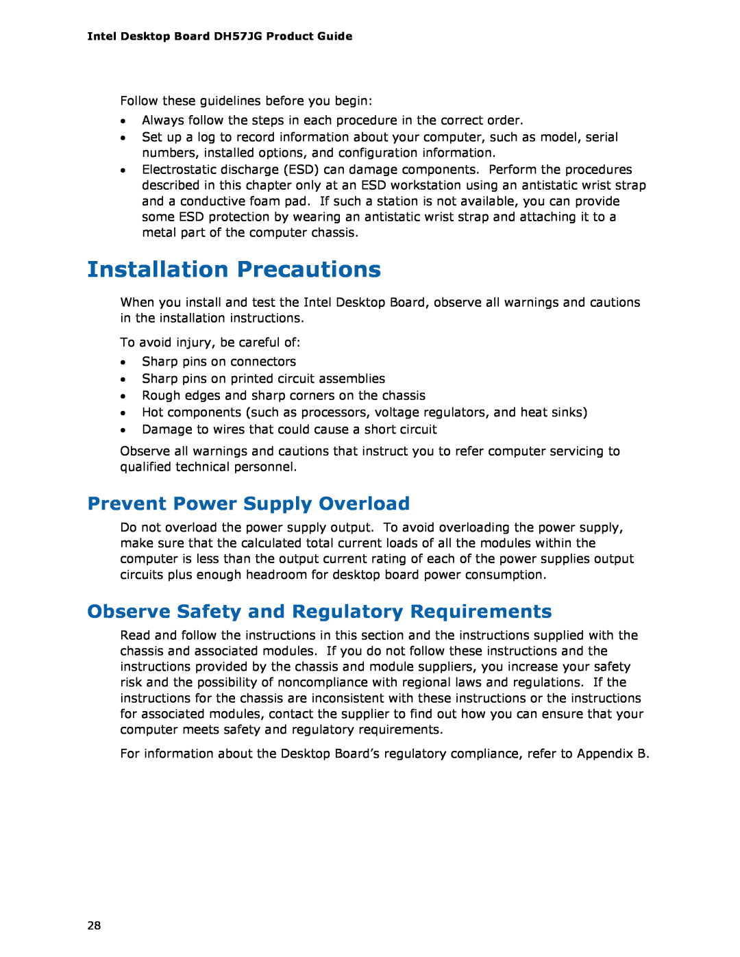 Intel BLKDH57JG manual Installation Precautions, Prevent Power Supply Overload, Observe Safety and Regulatory Requirements 