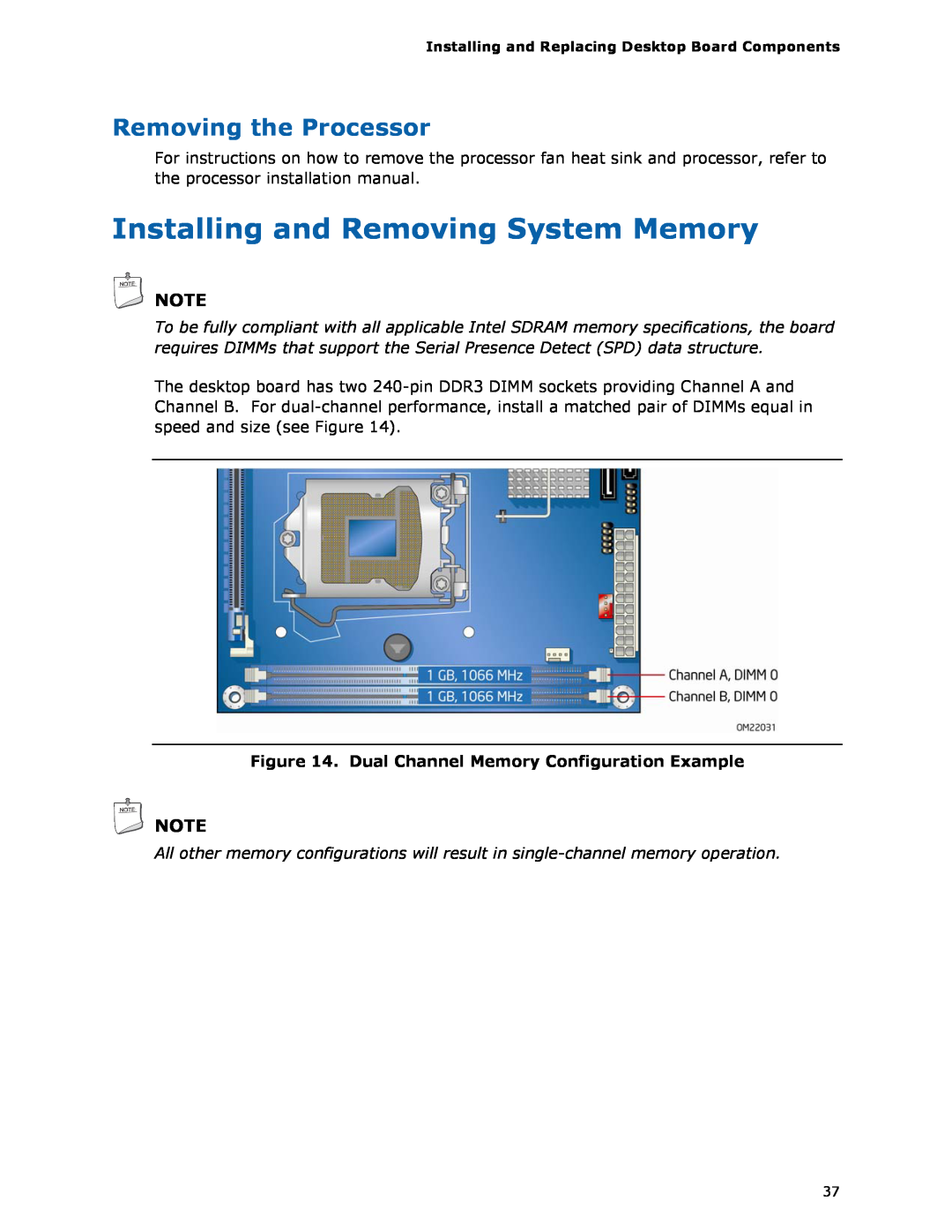 Intel BLKDH57JG Installing and Removing System Memory, Removing the Processor, Dual Channel Memory Configuration Example 